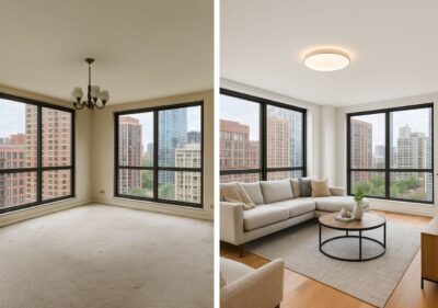 Side-by-side image of downtown Chicago condo before and after renovation showing outdated and modern interiors with city views